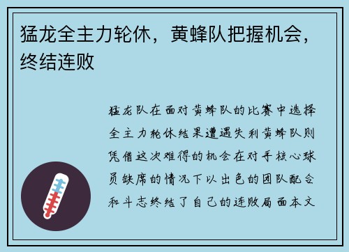 猛龙全主力轮休，黄蜂队把握机会，终结连败